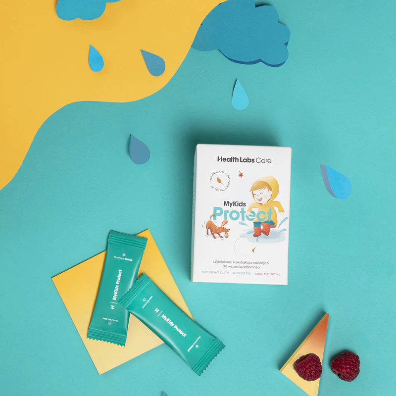 Health Labs Care MyKids Protect, suplemento alimentar em pó para solução oral, para auxiliar o sistema imunológico.