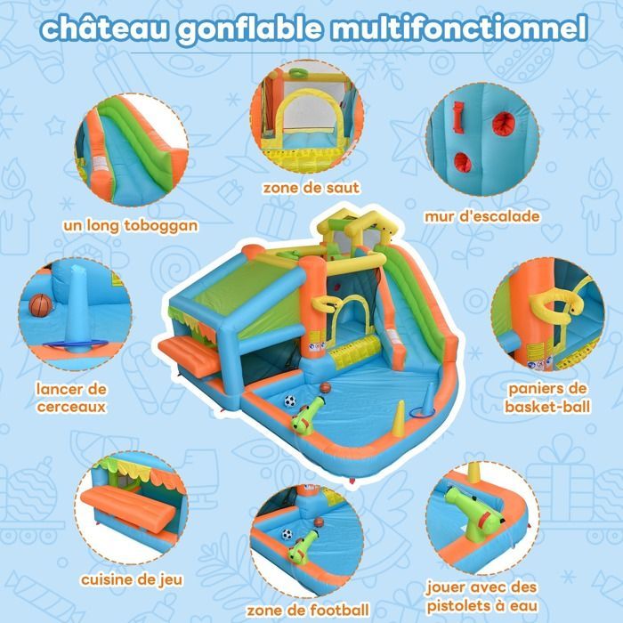 Château gonflable enfants Parc aquatique Aire de jeux gonflable avec souffleur 580W toboggan piscine pistolet pour 3 à 10 ans