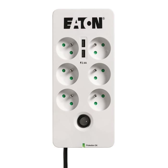 Skjøteledning/overspenningsvern - EATON Protection Box 6 Tel USB FR - PB6TUF - 6 franske stikkontakter + 1 tel/RJ-kontakt + 2 USB-porter - Hvit og svart