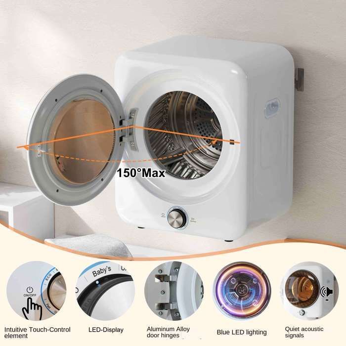 Secadora de pared compacta, capacidad de 3 kg, 8 programas, sensor NTC, doble filtro, bajo nivel de ruido, mini secadora