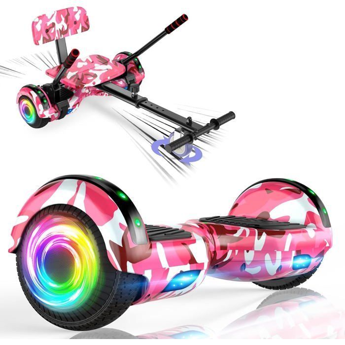Hoverboard with integrated seat, 6.5 inches with Bluetooth speaker and LED lights for children (including pedal kart), Pink