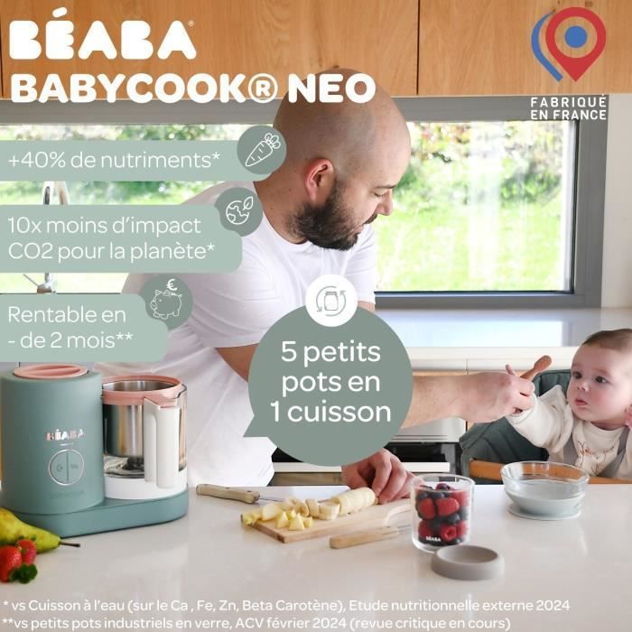 BÉABA - Babycook Neo, 6-in-1 Steamer - Made in France - Glass Bowl - XL Capacity - Eucalyptus