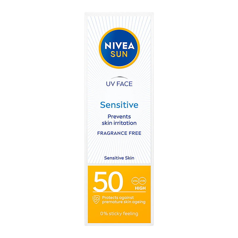 Crema solare Nivea 50 ml per pelli sensibili, SPF50.