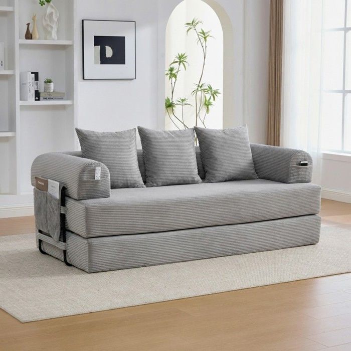 Canapé modulable - LANGTU - Modulable - Velours côtelé gris clair - Cadre métal - 3 coussins & poche latérale