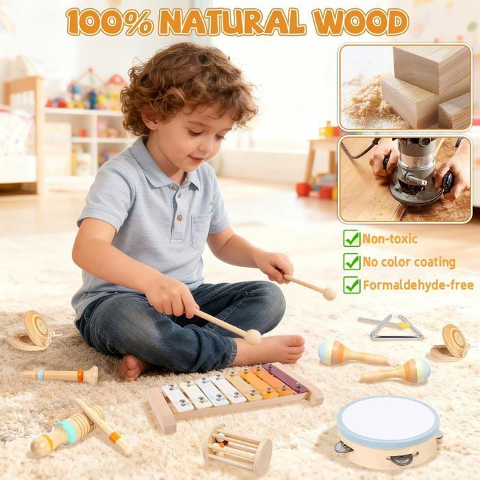 Musikinstrumente für Babys, Montessori-Musikspielzeug, Holz-Schlaginstrumentenset, für Kinder von 1-5 Jahren