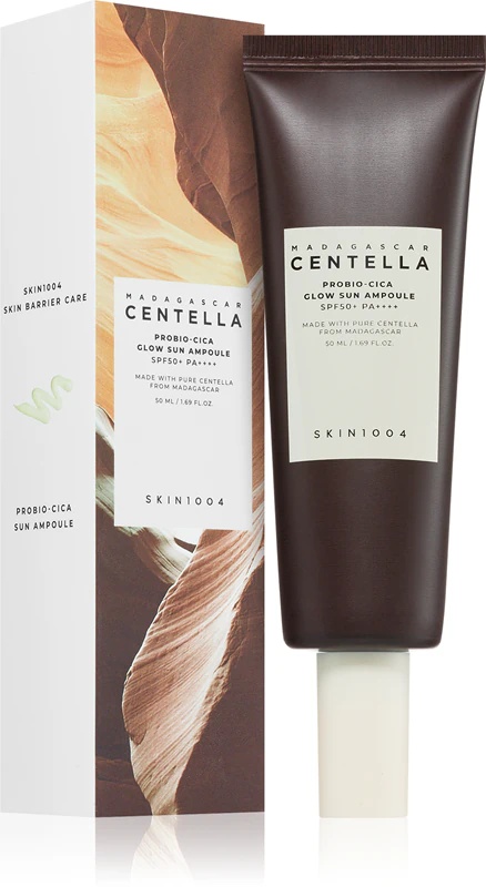 SKIN1004 Madagaskaras Centella Probio-Cica Glow Sun Ampoule aizsargserums, kas atjauno ādas aizsargbarjeru
