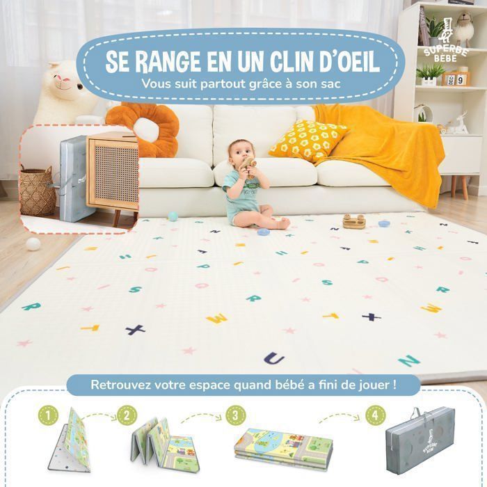 Tappetino da gioco pieghevole, reversibile e impermeabile - 180x150x1cm | Tappetino da gioco in schiuma per bambini - ROAD | SUPERBE BABE