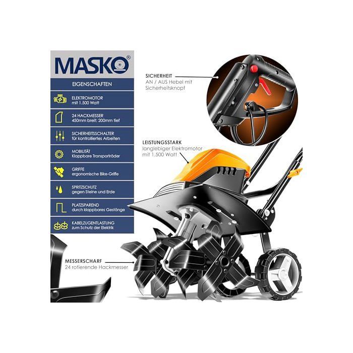 Motocultor eléctrico - MASKO - 1500W - 40cm de ancho - 20cm de profundidad - Naranja
