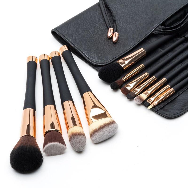 Fancii Professionele Make-up Kwasten Collectie, 12-delige Set Hoogwaardige Cosmetische Kwasten, Dierproefvrije Synthetische Borstelharen voor Foundation, Blending, Poeder, Blush en Oogschaduw, Reistasje van Leer, Roségoud