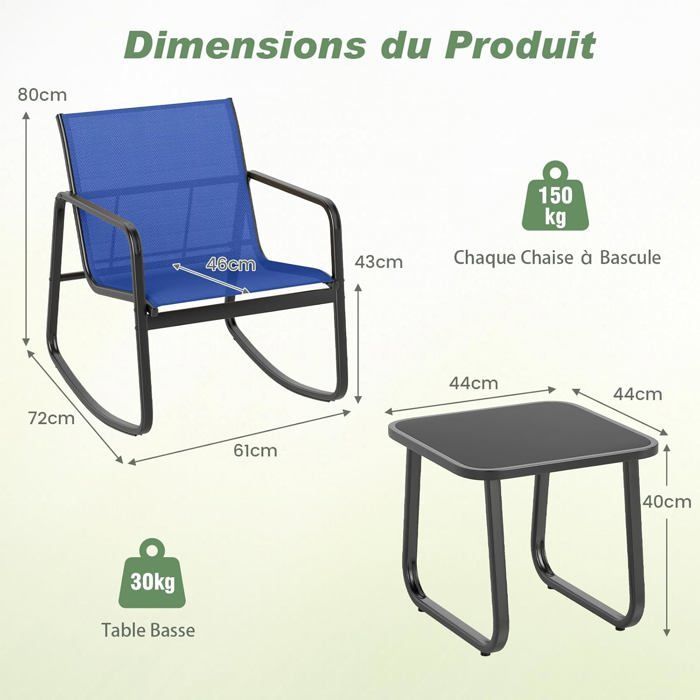 COSTWAY Ensemble 3PCS Table et Chaises de Jardin, Table en Verre Trempé, Chaises à Bascule 2 Places, pour Balcon Patio Piscine,Bleu