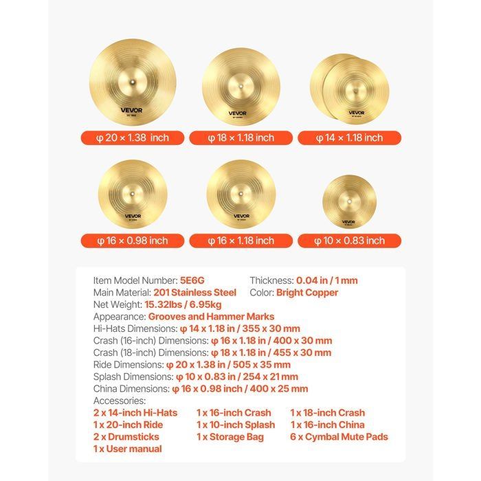 Set di piatti per batteria VEVOR - Hi-hat da 355 mm, crash da 400 mm e 455 mm, ride da 505 mm, splash da 254 mm - Set da 6