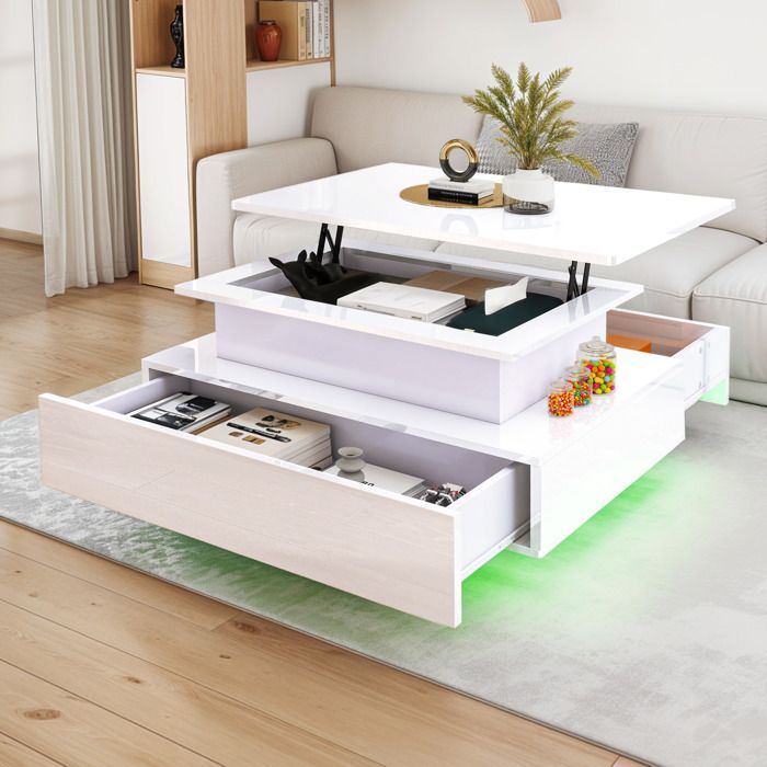 Mesa de centro rectangular con tapa elevable YITAHOME para sala de estar, con luces LED de 16 colores y 2 cajones, superficie High-LumiNova, color blanco.