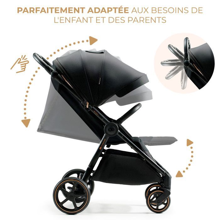 Poussette canne jusqu'à 27 kg, Kindercraft MITZY, Pliage d'une seule main, Grandes roues amorties sans gonflage, Noir