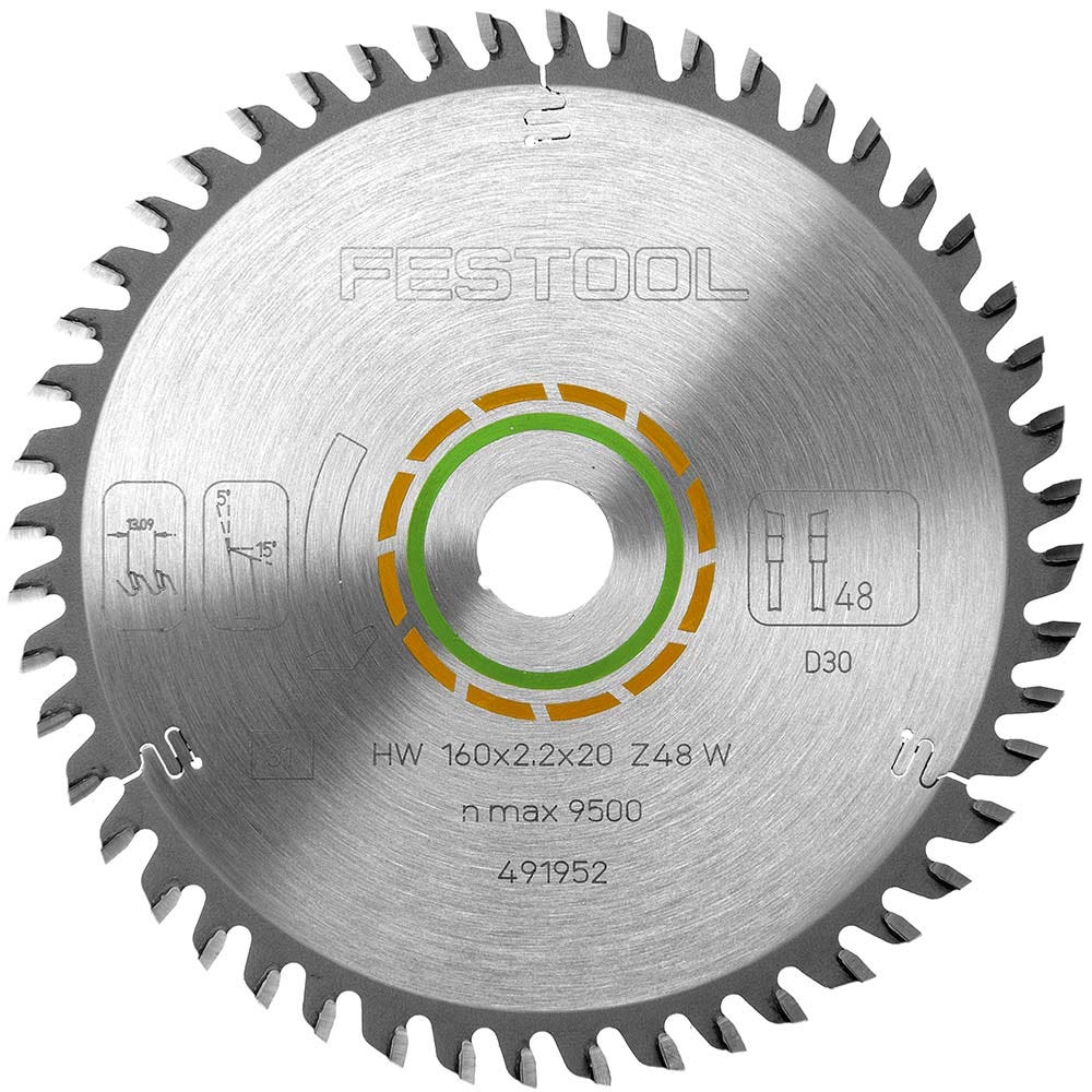 Lâmina de serra FESTOOL de 160 mm com 48 dentes TCT para corte de painéis folheados.