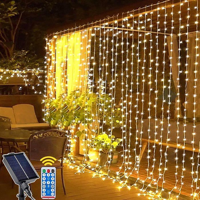 Tenda luminosa solare da esterno, 3 m x 3 m, 300 LED con telecomando, 8 modalità, cascata solare (bianco caldo)