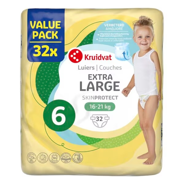 „Kruidvat“ 6 dydžio ypač didelių sauskelnių rinkinys, ekonominė pakuotė<br>6 dydis (15–20 kg), 32 vnt.