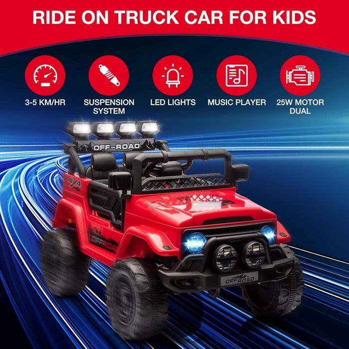 Coche eléctrico infantil de 12 V con mando a distancia, música, luces LED y claxon, 3 velocidades, para niños de 3 años en adelante - Rojo