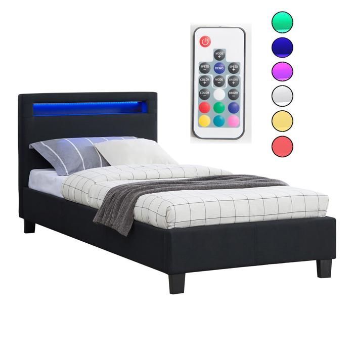 Cama individual LED de 90x190 cm con somier de láminas, cabecero confortable, tapizada en tela negra, MOLINA