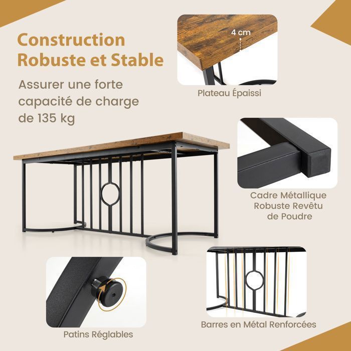COSTWAY Grande Table à Manger en Bois de 180 cm pour 6 à 8 Personnes, Rectangulaire Style Industriel Capacité 135 Kg pour Cuisine