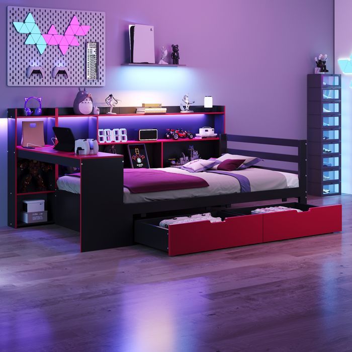 Letto singolo 90x200 cm con LED - 2 cassetti e vani portaoggetti - Presa elettrica - Nero+rosso