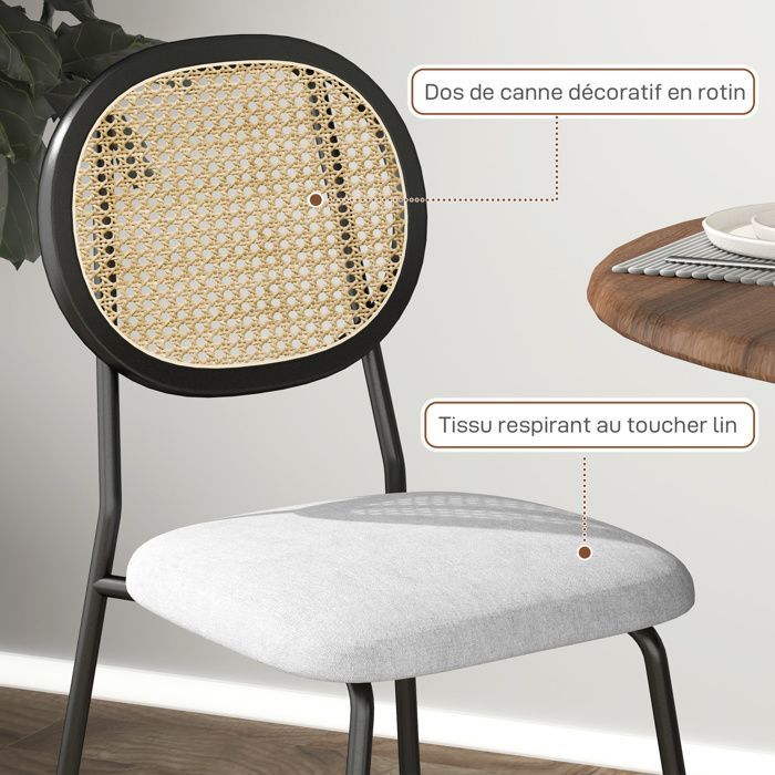 Juego de 2 sillas de comedor - HOMCOM - estilo bohemio - respaldo de ratán, tejido transpirable efecto lino - estructura de acero - gris