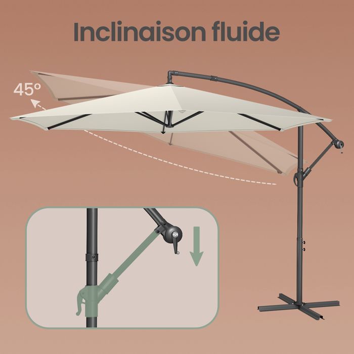 Parasol de 350 cm de Diamètre, avec Socle, Manivelle d’Ouverture et de Fermeture, Beige