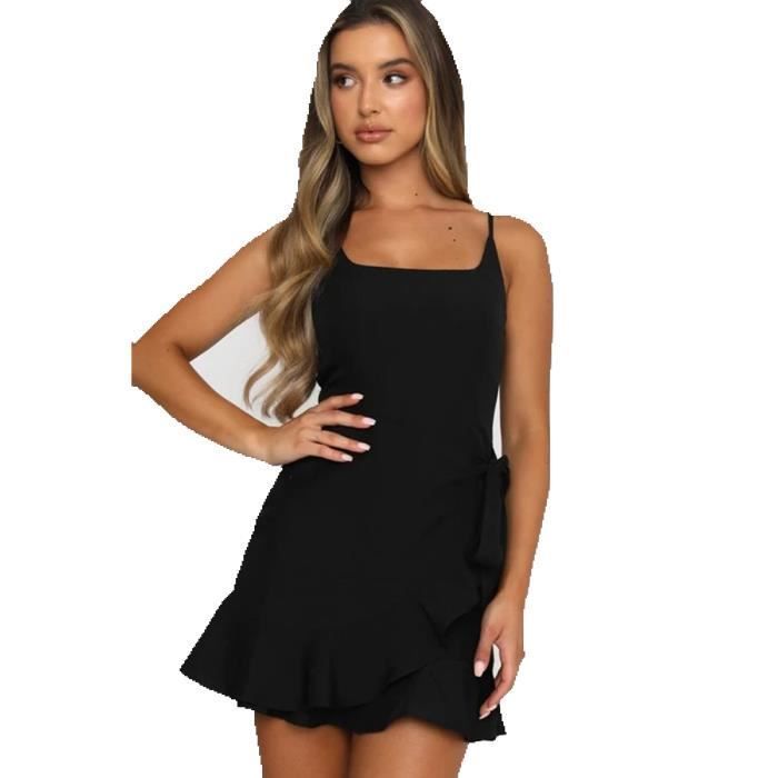 MOBIGARLAN Vestido liso de verano plisado con tirantes para mujer, ropa sexy - Negro FBC127