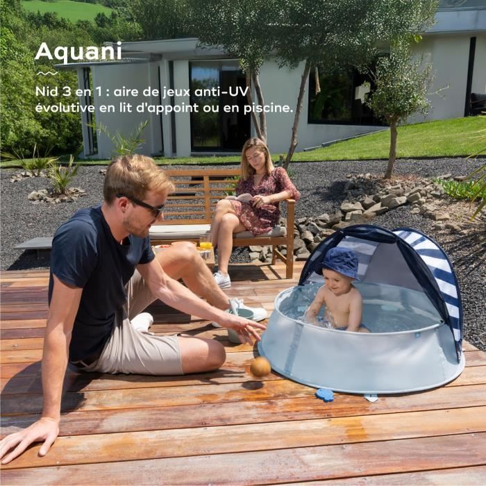 Area giochi 3 in 1 BABYMOOV Aquani a tema marinaio, con piscina e lettino extra, protezione UV SPF 50+, 2 giocattoli e zanzariera inclusi.