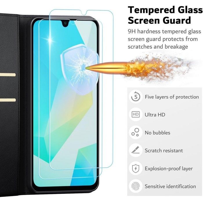 Wallet case - MASSILIA TECH - SAMSUNG GALAXY A16 - Matte black leather - 2 tempered glass screen protectors - Flexible