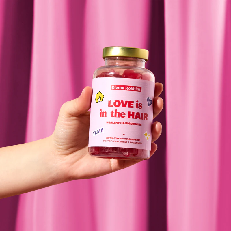 Bloom Robbins LOVE is in the HAIR - Suplemento alimentar em cápsulas mastigáveis macias para cabelos saudáveis.