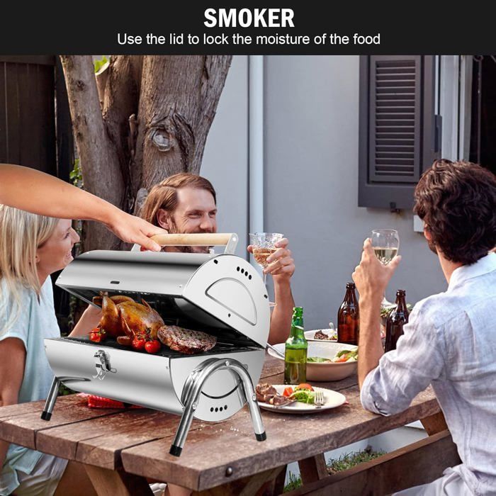 Barbecue portatile 2 in 1 - SunJas - Mini barbecue da tavolo in acciaio inossidabile a carbone per giardino, balcone, viaggi, campeggio - Argento