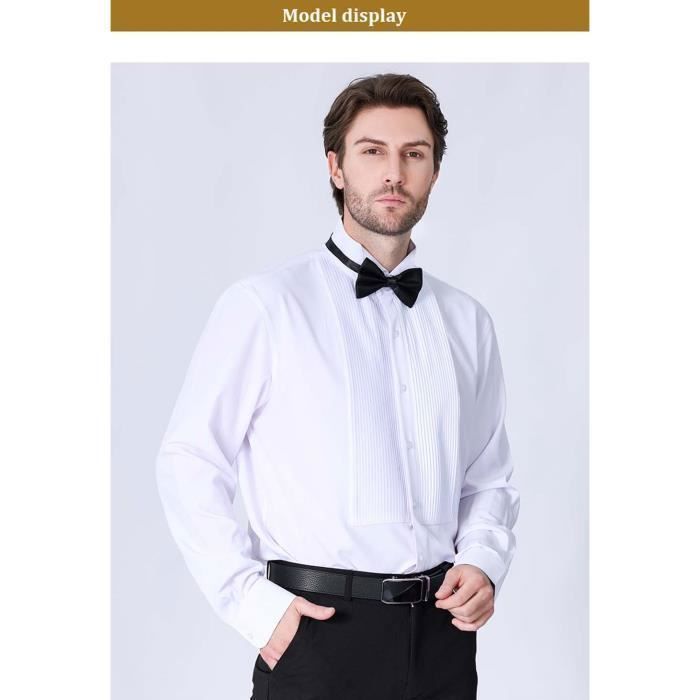 Camisa de boda para hombre con pajarita, manga larga, camisa de vestir plisada, corte regular, color liso - Blanco