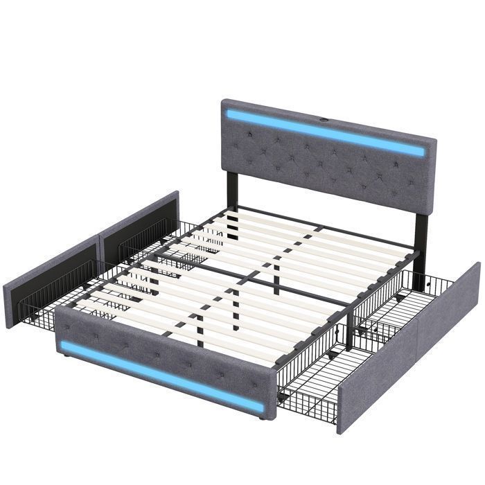 Letto imbottito 180x200 cm, letto matrimoniale con 4 cassetti contenitore, letto per adulti con porta USB e illuminazione a LED, biancheria da letto inclusa, materasso non incluso.