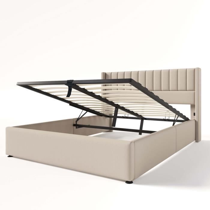 Modernluxe κρεβάτι με αποθηκευτικό χώρο 180x200 cm για ενήλικες - Μπεζ λινό ύφασμα - Κεφαλάρι με πτερύγια - Βάση κρεβατιού με τάβλες