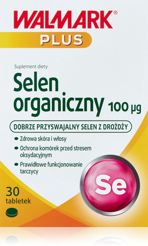 Comprimidos de suplemento alimentar Walmark Organic Selenium 100 µg para o bom funcionamento do organismo.