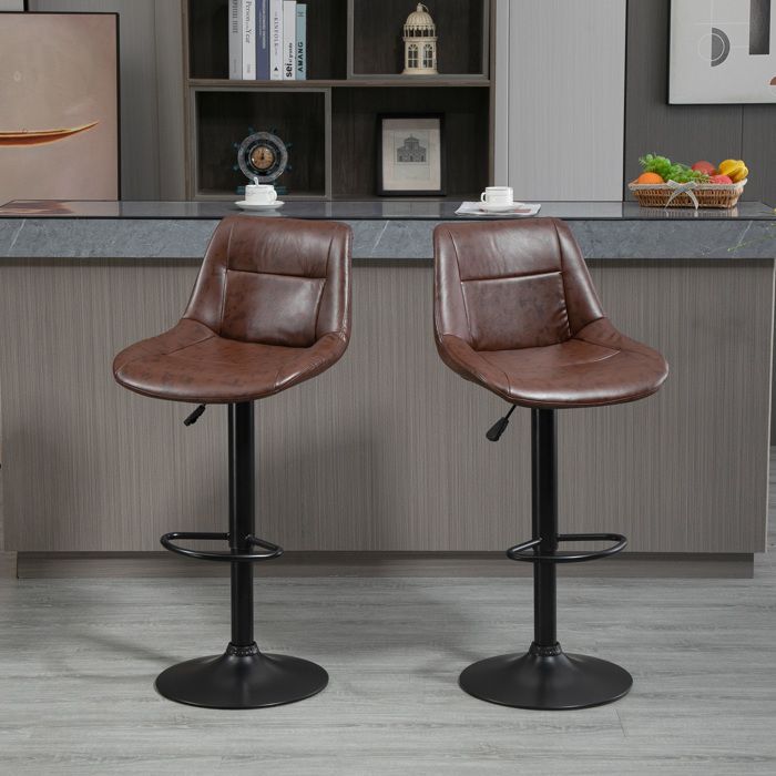 Tabourets de bar vintage - HOMCOM - lot de 2 réglable pivotant repose-pied cuisine bistro - synthétique - marron effet vieilli