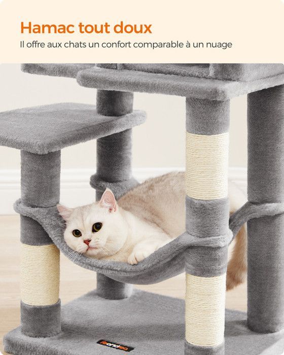 Cat Tree - FEANDREA - Height 112 cm - 4 Scratching Posts - 2 Platforms - 1 Cat Cave - 1 Hammock - Light Grey