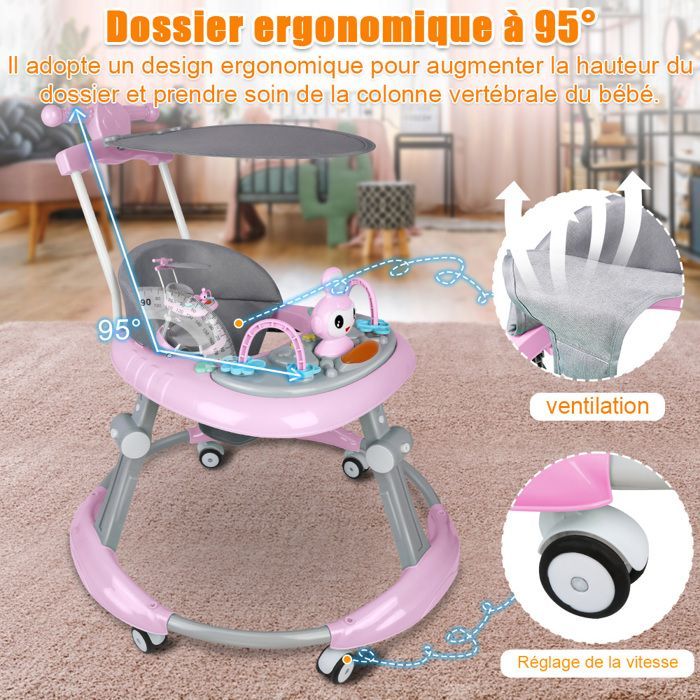 Andador para bebé niña MIPAN - Andador plegable con luz y música - Ajustable - Para bebés de 6 a 18 meses - Rosa