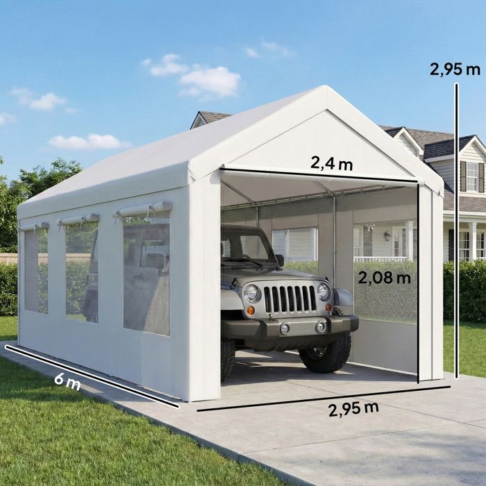 Cochera Outsunny con protección UV30+, altura regulable, 6 ventanas y mosquitera, acero galvanizado, 3x6m, color blanco.