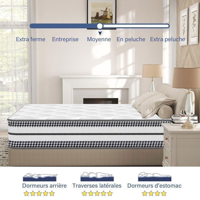 Colchón Premium de Espuma Viscoelástica de 90x200 cm, 26 cm de grosor, híbrido de espuma y muelles ensacados, reversible, firmeza media (H3/H4).