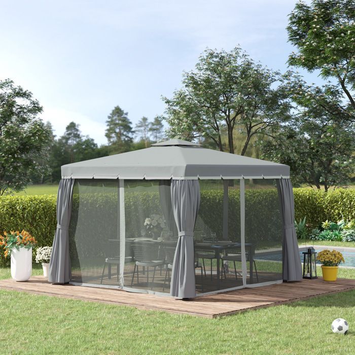 Tonnelle de jardin - Outsunny - 3 x 3 m - barnum avec toit double, rideaux et moustiquaire - cadre en aluminium - gris foncé