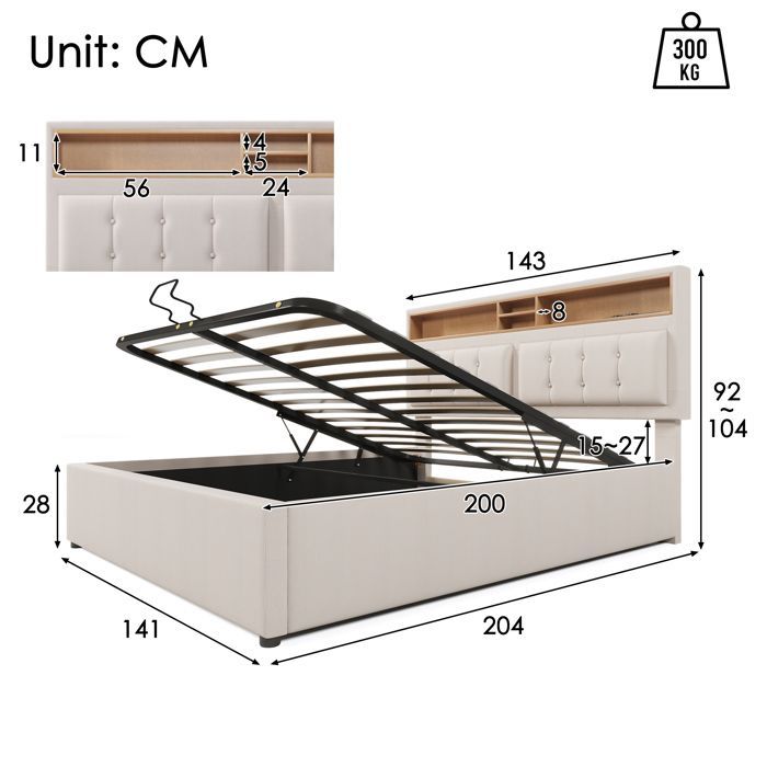 LINKHOO lit rembourré double, avec prise USB C Fonction de charge Tête de lit, avec sommier à lattes(sans matelas), 140x200, beige