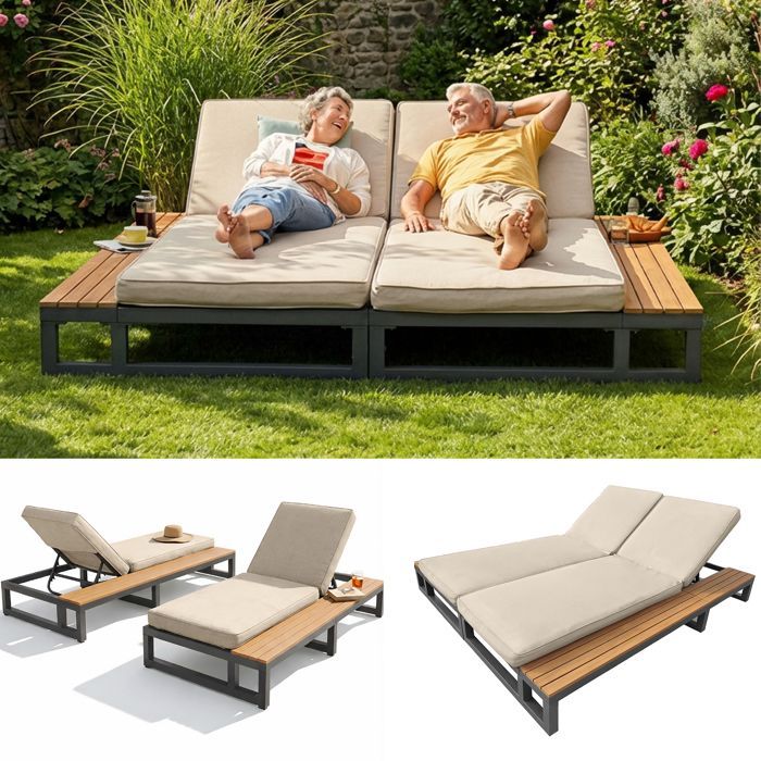 Lot de 2 Bain de Soleil avec Etagère, Chaise Longue Jardin Exterieur avec Coussin et Dossier Réglable 4 positions, Beige