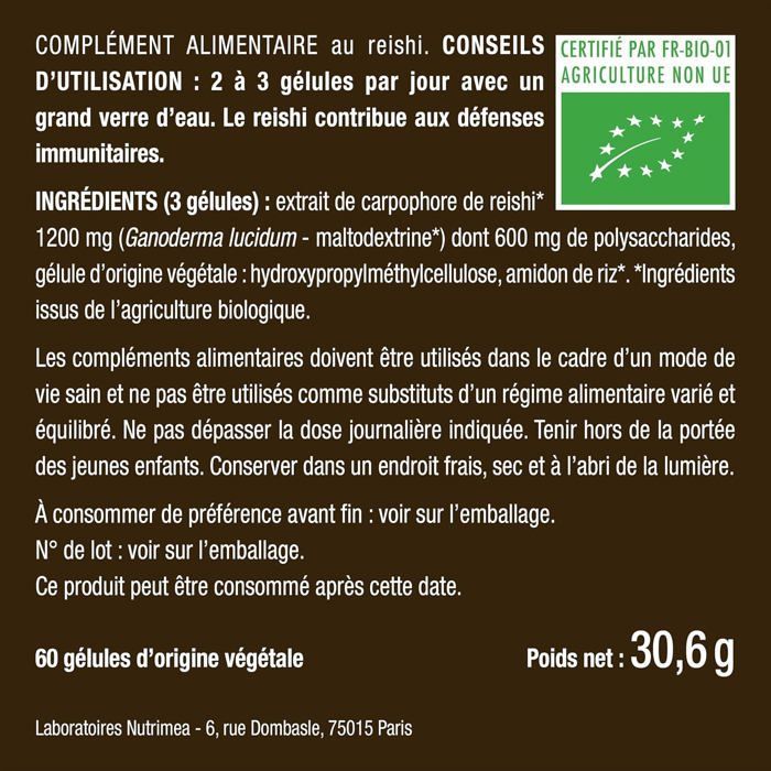 Organic Reishi 6000 mg – Concentrated Extract – 60 Vegan Capsules – Adaptogenic Mushroom – Nutrimea – French Expertise