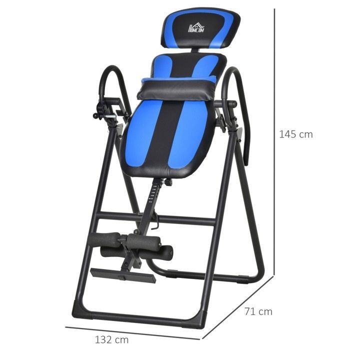 Mavetræningsmaskine, 132 cm foldbart inversionsbord - mobile hjul og justerbar ryglæn - slidstærkt metal/ABS - sort/blå - 132x71x45 cm