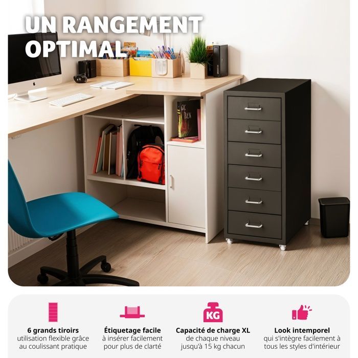 Office pedestal - TECTAKE - Rolling cart with 6 steel drawers and label inserts 41 x 28 x 69 cm - Black