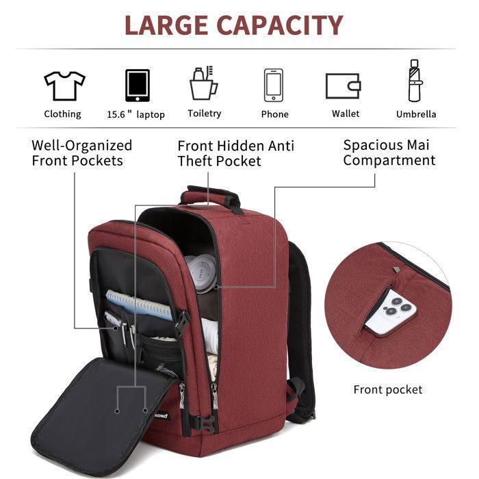 Kono Sac à Dos 40x20x25cm Sac à dos Ryanair Bagage à Main 20L pour Sous Siège Avion pour Femme Homme, Rouge