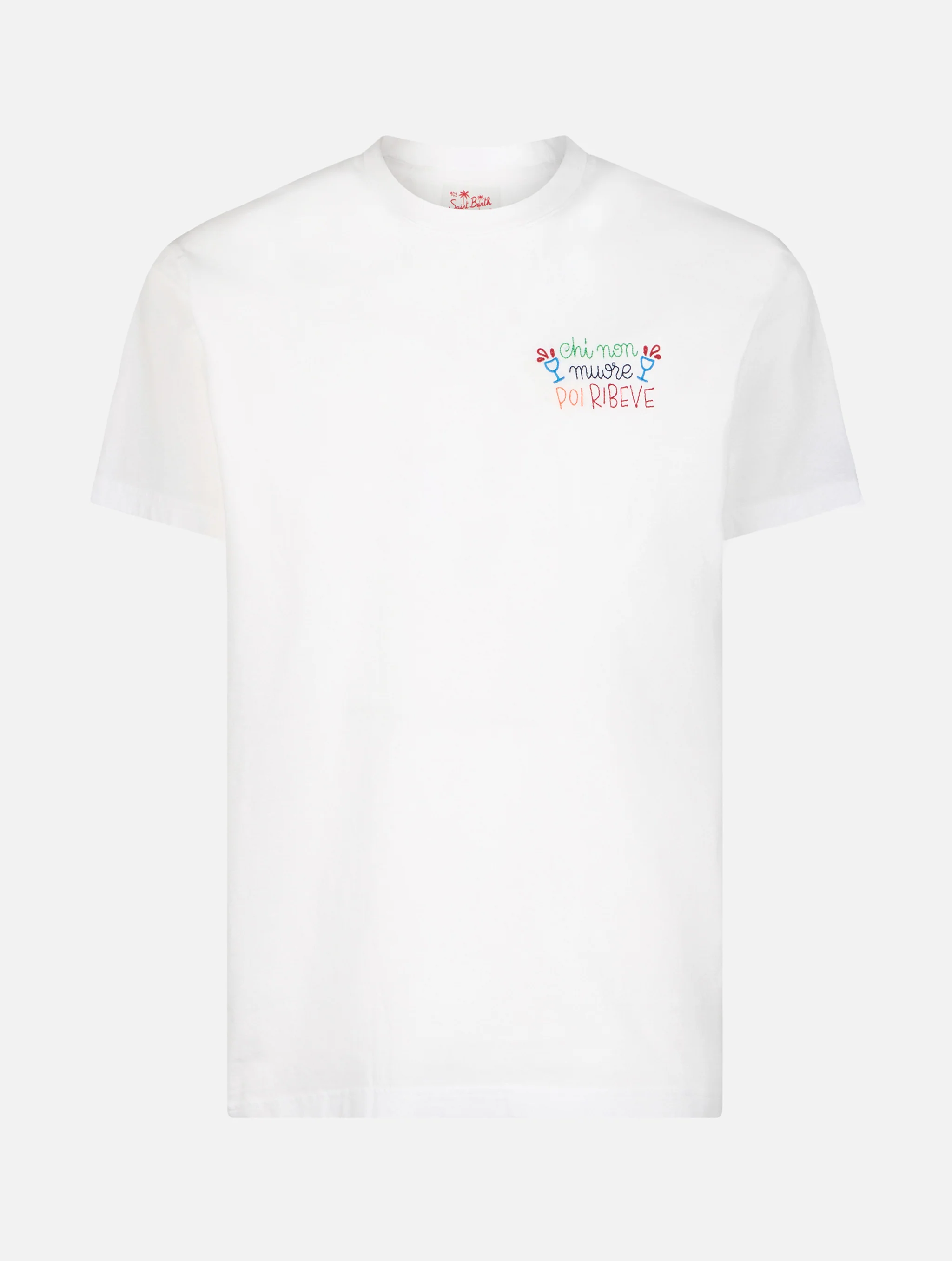 Portofino Special Edition heren T-shirt van biologisch katoen met 'Chi Non Muore Poi Riveve'-borduurwerk, wit, ronde hals, korte mouwen | MC2 Saint Barth