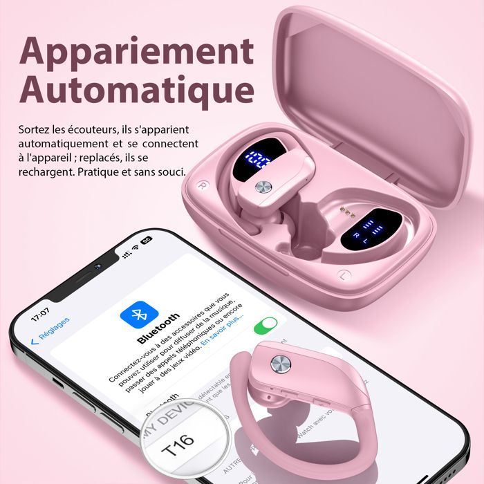 VEAOOL Wireless Bluetooth 5.1 Sport Earphones, IPX5 Waterproof, HiFi Stereo, 48-Hour Battery Life, Built-in Microphone, Pink
