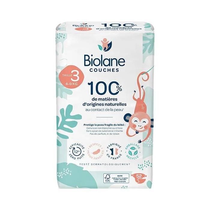 Biolane - Couches Naturelles Taille 3 - Ultra-Absorbant, Pas de Fuite  - 52 unités